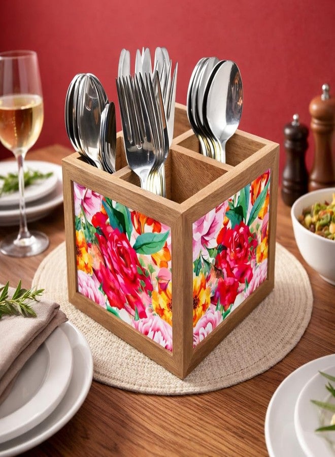 Nutcase Wooden Cutlery Stand Holder Silverware Caddy Spoons Forks Knives Organizer for Dining Table & Kitchen -Made in India-Spoons NOT Included - Roses - Image 2